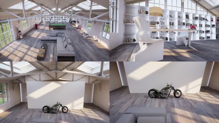 三维动画复古工业风办公空间工作室