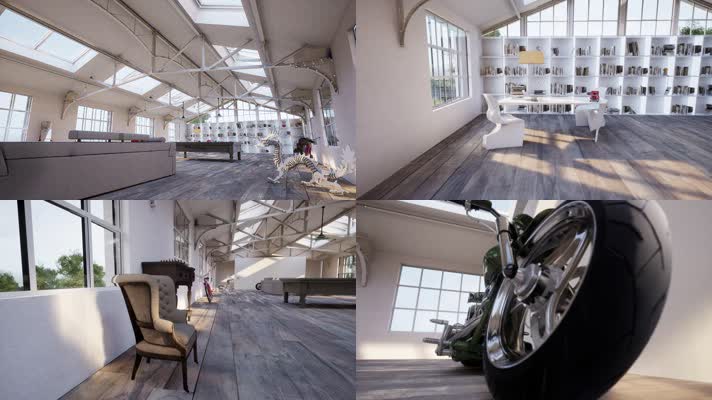 三维动画复古工业风办公空间工作室
