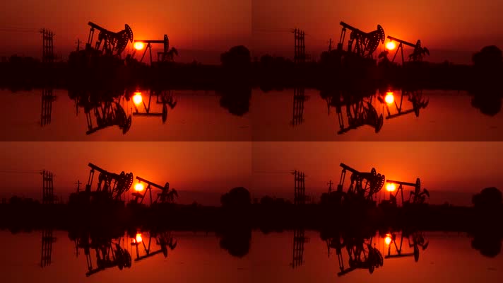 大庆油田抽油机在晚霞映衬中采油作业