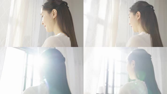 4K早起美女拉开窗帘享受清晨阳光