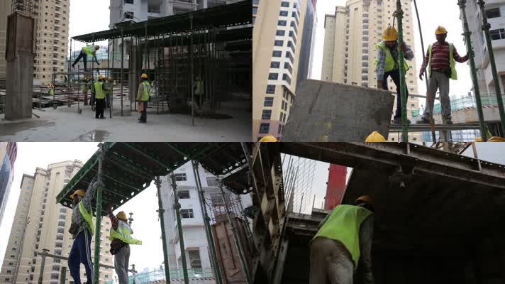 外国建筑工人搭建钢模板