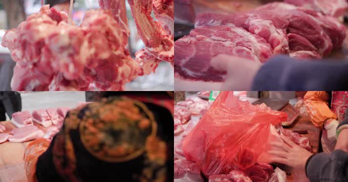 逛市场买卖猪肉摊位新鲜菜篮子  4k实拍