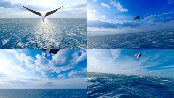 纸飞机在大海海面自由翱翔