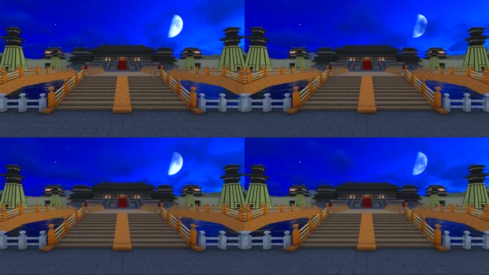 古代皇宫皇城城楼护城河-夜景