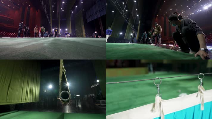 4K实拍剧场演出前舞美装台幕布安装空镜