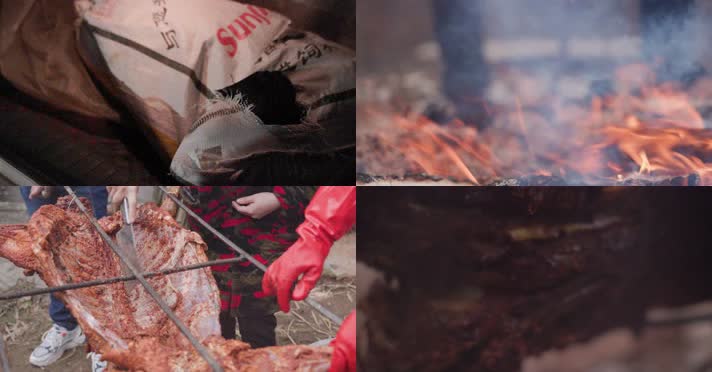 现杀黑山羊农家聚会烧烤火全羊年货4k实拍