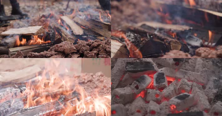 干柴烈火猛烈篝火炭火围坐烤火焰烟4k实拍