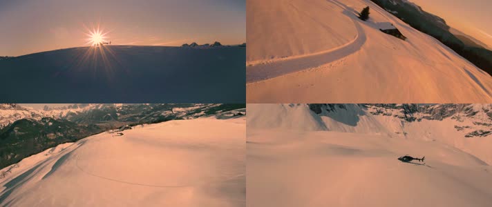 雪山顶上航拍直升飞机电影级视觉