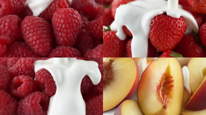 精致实拍牛奶与各种水果结合视频