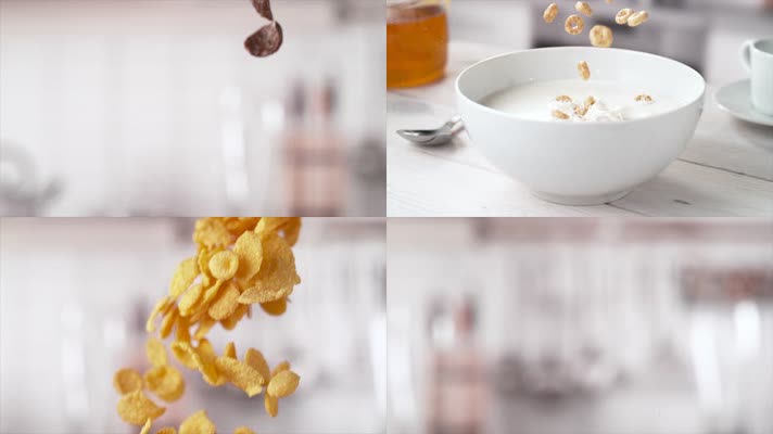 精致实拍牛奶与各种麦片坚果结合视频