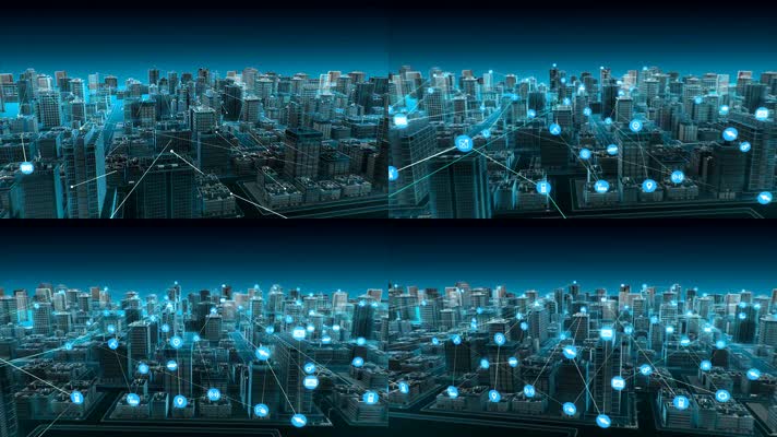 智能城市上的各种智能传感器图标，连接物联