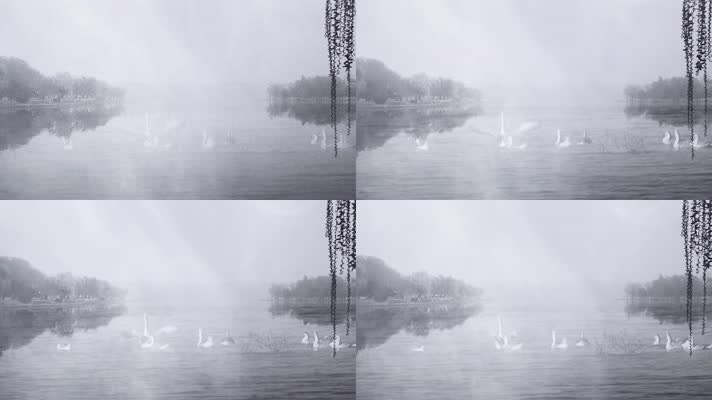 水墨烟雾湖水风景