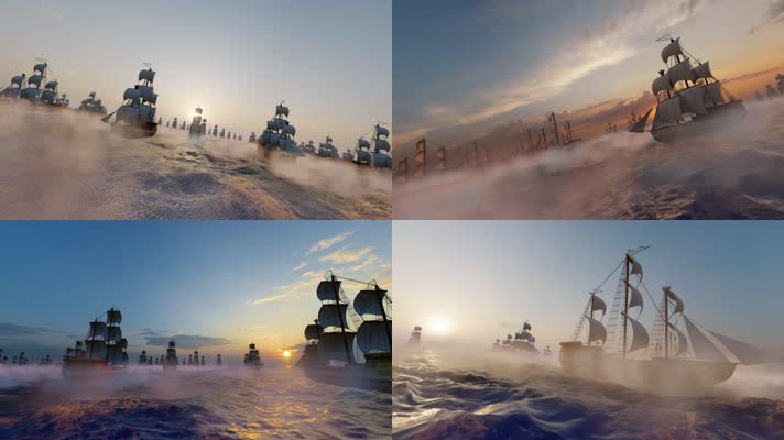 4k 夕阳下航海船队出海启程