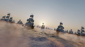 4k 夕阳下航海船队出海启程