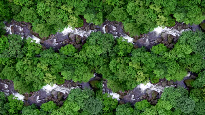 航拍山林溪水