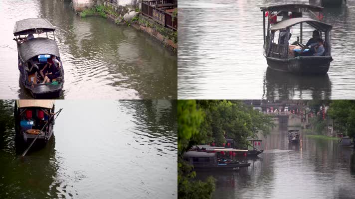 西塘古镇下雨天摇橹划船4K视频