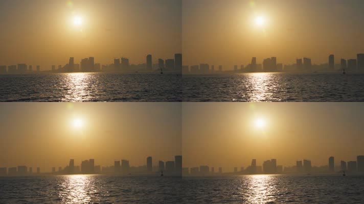 日落夕阳逆光拍摄海滨城市