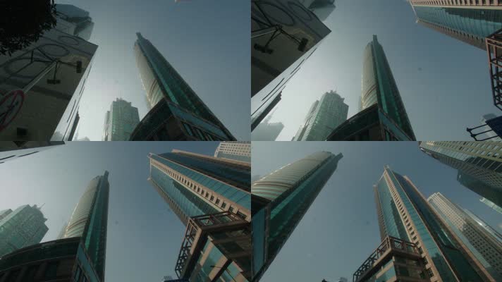 上海城市建筑群旋转仰拍