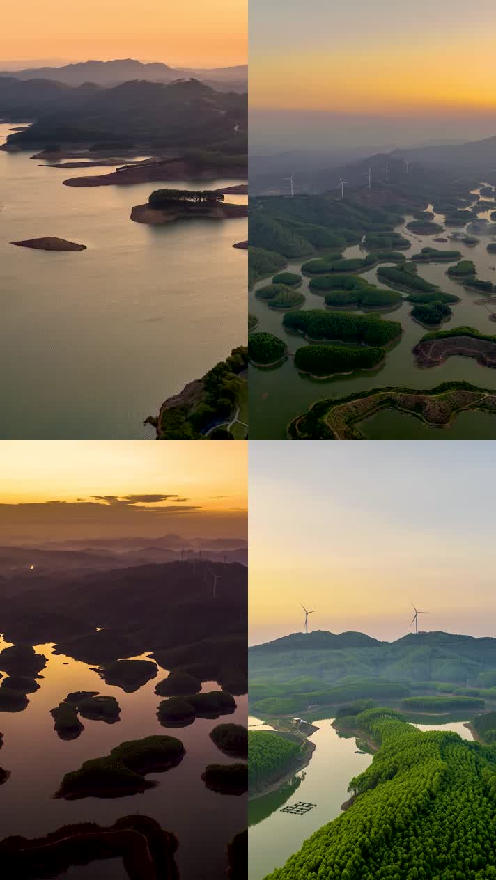 竖屏延时航拍南宁郊区水库早晚霞