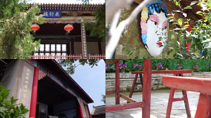 古庙古建 长凳子 椅子 戏台 房梁 脸谱