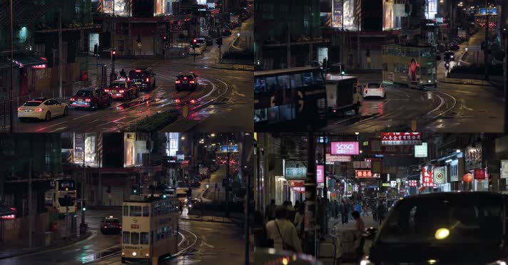 香港夜晚雨后城市街道车流行人