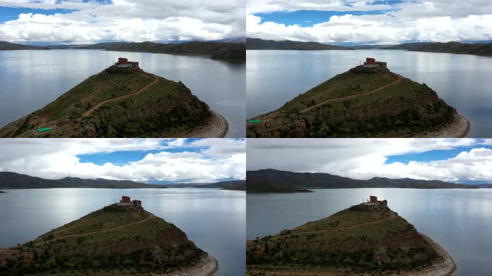 西藏羊卓雍措羊湖日托寺自然风光航拍延时