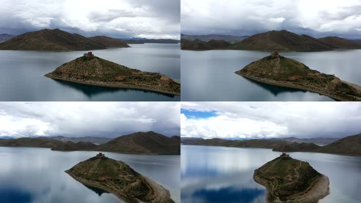 西藏羊卓雍措羊湖日托寺自然风光航拍延时