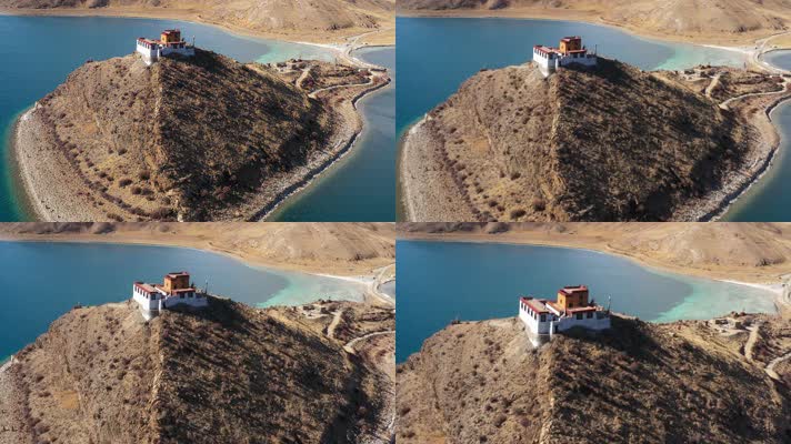 西藏山南羊湖日托寺自然风光航拍