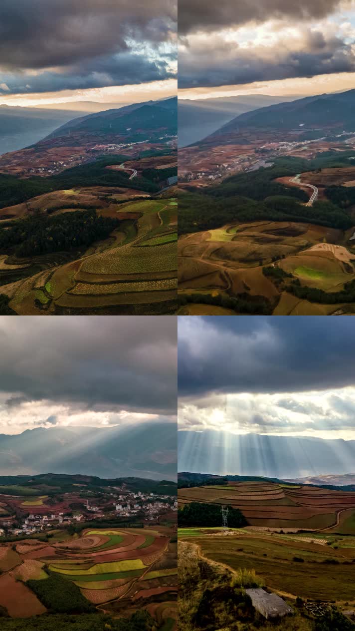 竖屏延时航拍东川红土地丁达尔效应