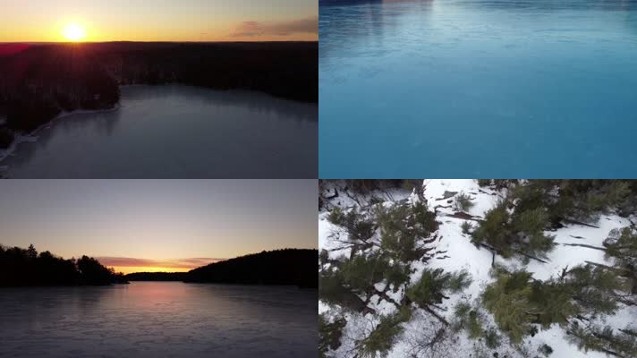 冬季森林湖水结冰夕阳日落航拍合集