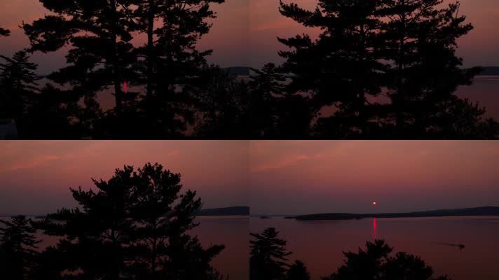 夕阳日落湖面倒影游船航拍