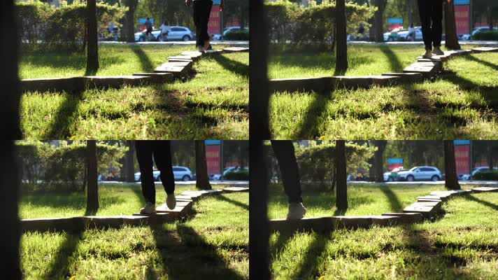 男生穿过林荫小道