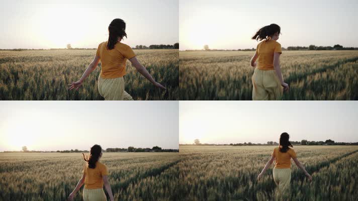 女孩在麦田里奔跑触摸麦子