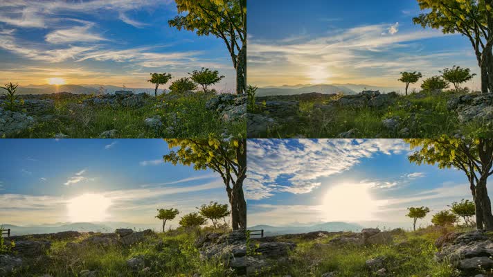 日出，群山，树木和云朵