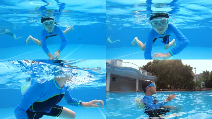 夏天孩子在游泳池练习游泳4k视频
