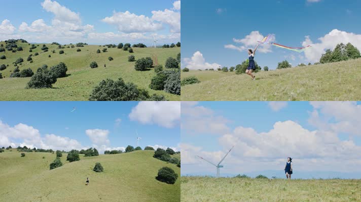 唯美女孩奔跑放风筝花海黄昏日落夕阳美女漫步奔跑