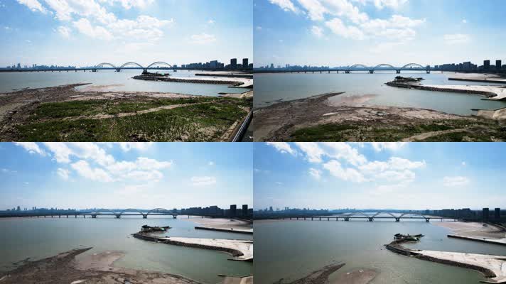 杭州钱塘江蓝天白云九堡大桥江边风景航拍