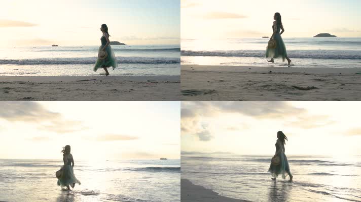 清晨海滩上奔跑的少女升格