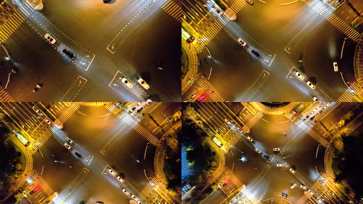 城市夜晚十字路口车辆车流航拍视频素材
