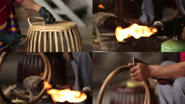 少数民族制作传统编织鼓凳