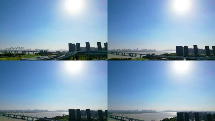 远处眺望钱塘江九堡大桥航拍