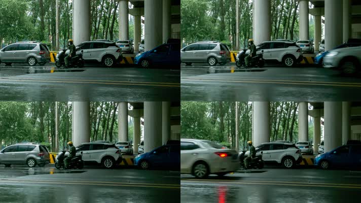 雨中大桥下避雨的汽车和骑车人