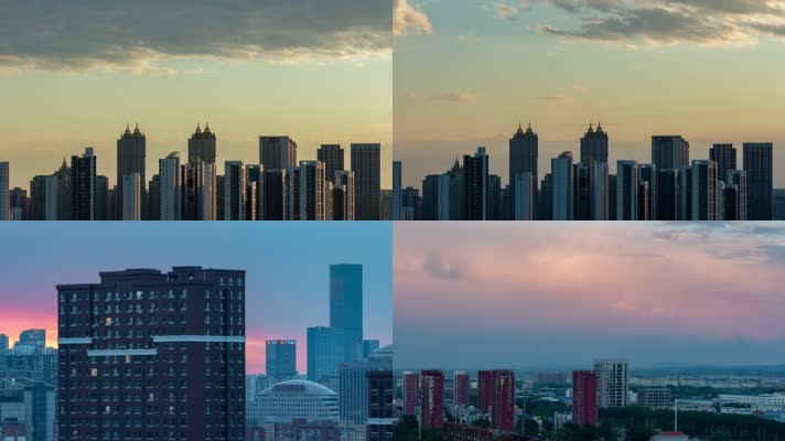 城市建筑天际线落日晚霞流云