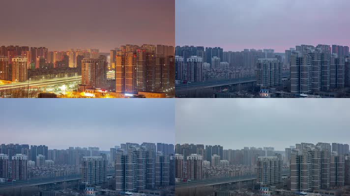 城市建筑楼群早晨天亮阴天延时摄影
