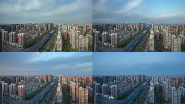 城市建筑交通天际线黄昏到夜晚高架桥