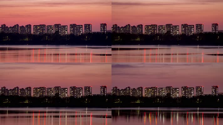 晚霞城市河水岸边建筑楼房夜晚灯光