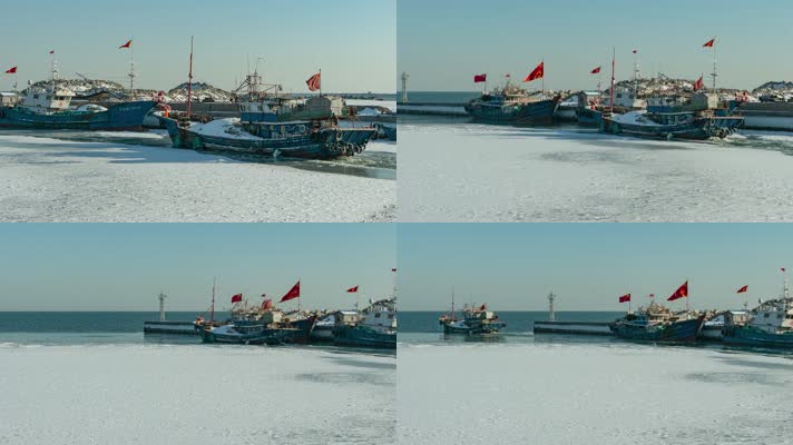 海边港口避风港渔船春季破冰出海打鱼
