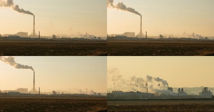 化工厂冒浓烟冬季农田雾霾的天色
