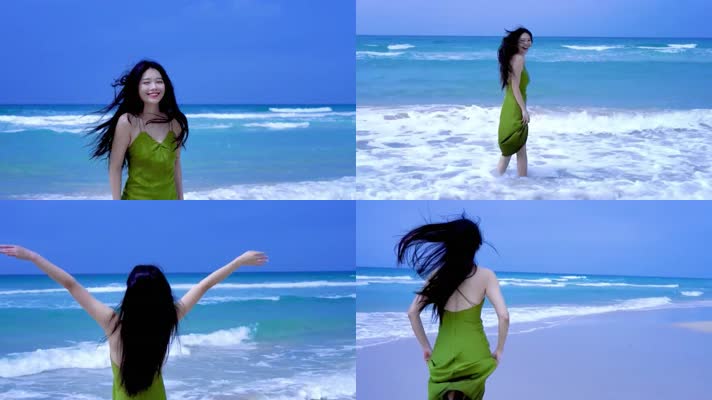 4k高清视频女孩在海边漫步唯美视频