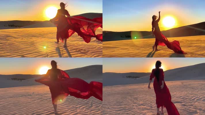 4k高清早晨穿红色纱裙美女奔跑视频素材